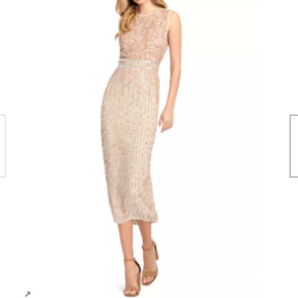 mac duggal vertical sequin midi sheath dress MAC DUGGAL VERTICAL SEQUIN BEIGE GOLD MIDI DRESS 1